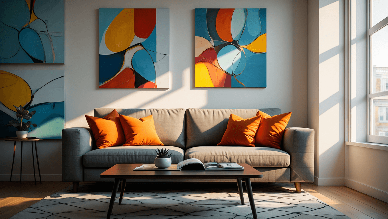 Modern loft-style living room with high arched windows, sculptural pendant lamps, and a mix of contemporary and vintage art. A white boucle sofa and mint-green velvet chairs sit on a Persian rug, surrounded by built-in bookshelves and warm wooden accents.